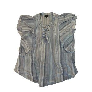 A.N.A Blouse XL Blue & White Striped Flutter Sleeve Lace-Up Boho Goth Casual